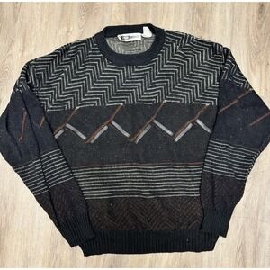 Urban Works Vintage 90s Coogi Style Sweater Black Geometric Knit Leather Accents